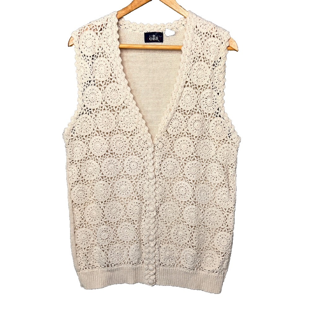 OBR Crochet Pullover‎ Vest Size Medium Off White Cottage 90s Chunky Lightweight